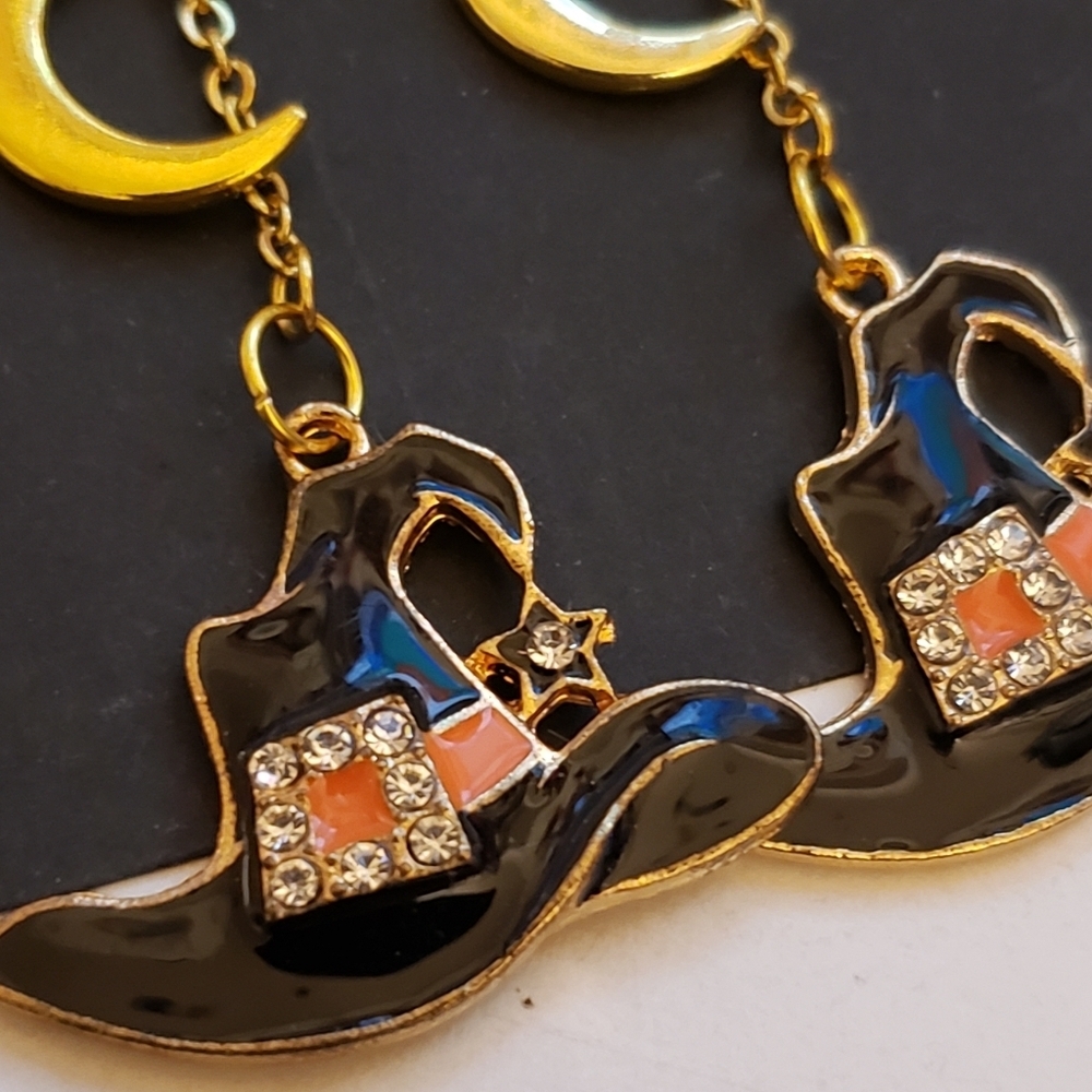 Handmade Orange Black Star Moon Rhinestone Halloween Witch Hat Dangle Earrings - Picture 2 of 3